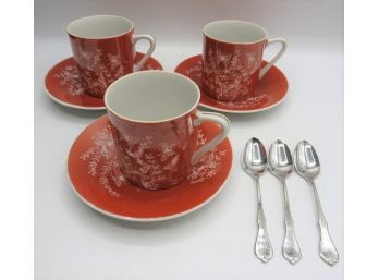 Shafford 'les Papillons' Japan Demitasse Cups/saucers & WM Rogers Oneida Stainless Spoons - 3 Each.