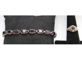 Sterling Silver Garnet Bracelet & Ring - Size 6.75