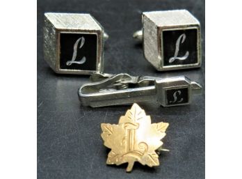 Swank Silver-tone Cufflinks & Tie Bar & Maple Leaf Gold Tone Pin - Initial 'L'