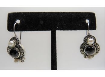 'vintage' Sterling Silver Onyx, Pearl & Marcasite  Earrings