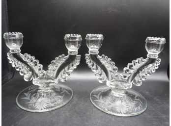 Susquehanna Glass Salina Floral Etched Candlesticks - Set Of 2