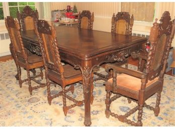 Wood Dining Table With Leaf Extending Ends & 6 Antique French Gothic Revival Hand Carved Oak High Back Chairs