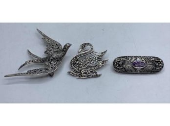 Sterling Silver Marcasite Pins - Set Of 3