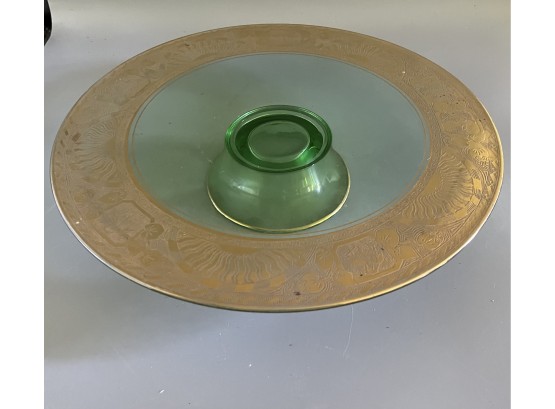 Etched Glass Footed Cake Stand With Gold Trim