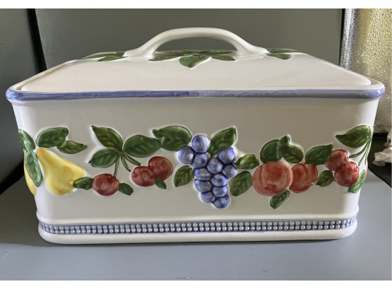 Hand Painted Ceramic Bread Box With Lid - Made In Portugal
