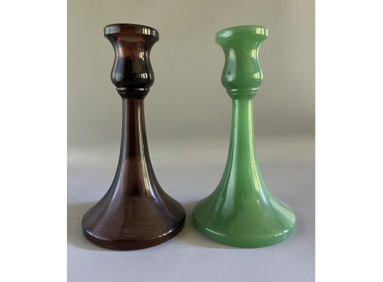 Vintage Art Glass Candlestick Holders - 2 Total