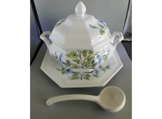 Hand Painted Floral Pattern Soup Tureen With Ladle And Saucer Dish - Made In Italy