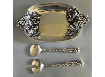 Handcrafted By Betty Barrena #469 Polished Aluminum Grape Pattern Serving Bowl With Serving Utensils