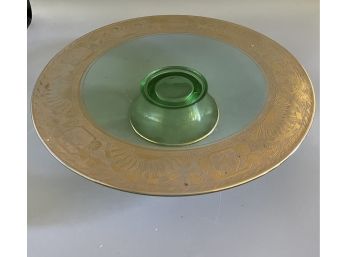 Etched Glass Footed Cake Stand With Gold Trim