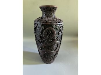 Vintage Chinese Cinnabar Carved Vase Red/brown Dragon 9'H