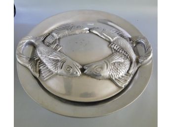 Betty Barrena Polished Aluminum Fish Pattern Serving Bowl With Lid