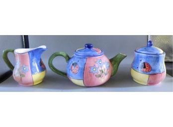 Hand Painted Ceramic Lady Bug Pattern Tea Set - 3 Pieces Total