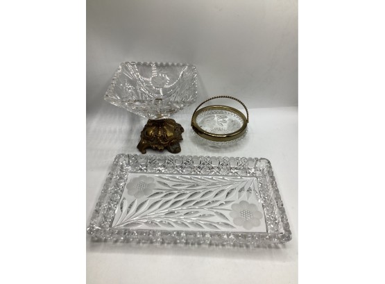 Brass Footed Glass Candy Dish, Brass Handled Bowl & Rectangular Tray - Assorted Set Of 3