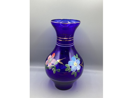 Hand Painted Floral Blue Glass Vase