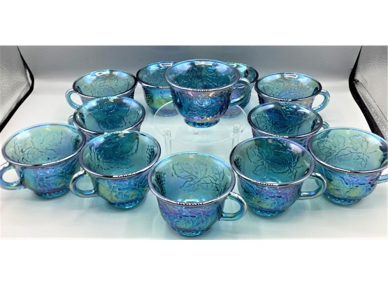 Indiana Glass Princess Blue Carnival Glass Mugs, Set Of 12