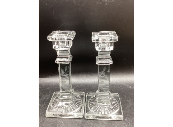 Square Etched Glass Candlesticks - Set Of 2