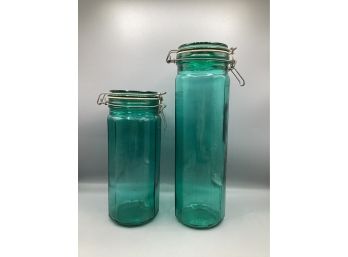 Peacock Green Glass Large Mason Canisters, 2 Piece Lot