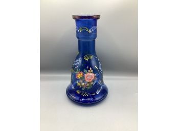 Hand Painted Blue Glass Floral Vase, 10