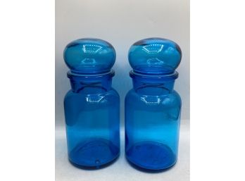 Mid Century Blue Apothecary Glass Jar With Lid - Set Of 2