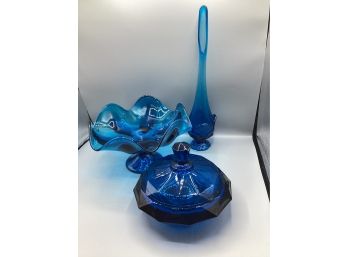 Cobalt Blue Viking Glass Pedal Candy Dish, Lidded Candy Dish, And Bud Vase, 3 Piece Set