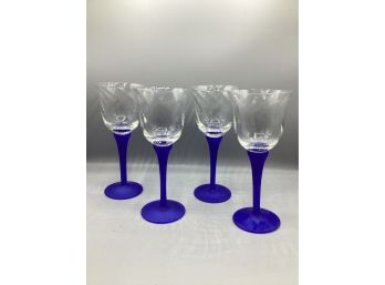 Set Of Four Vintage Cobalt Blue Stemmed Wine Glasses, 4 Piece Lot