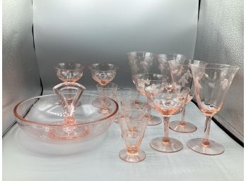 Pink Depression Glass Wine Glasses,  Goblets, And Cordial Glasses With Candy Dish Service For 4