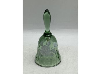 Fenton 1980s Green Glass Bell Hand Painted Flowers Artist Signed Freda L.