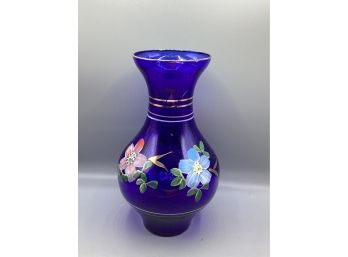Hand Painted Floral Blue Glass Vase