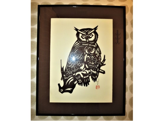 Owls Papercutting Framed Decor, Stamped Signed