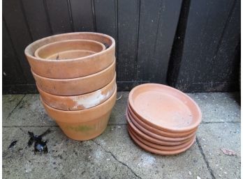 Terra Cotta Pots With Saucers/ 5 Pots, 6 Saucers
