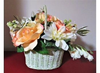 White Basket With Artificial Flowers