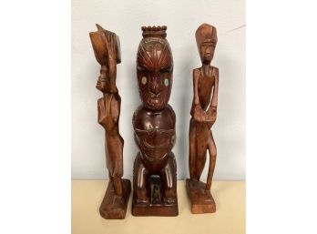 Wood Hand Carved African Tribal Man & Woman & Maori Teko Tiki Figurine - Set Of 3