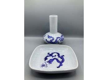 Taiwan R.O.C. Blue White Dragon Motif Vase & Plate - Set Of 2
