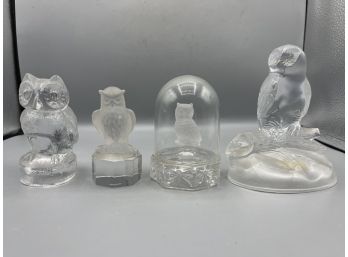 Cut Glass Owl Paperweight Figurines - 4 Total