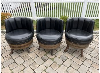 Vintage Wooden Wine Barrel Leather Upholstered Swivel Chairs - 3 Total