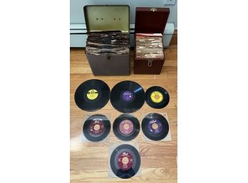 Assorted Lot Of 45s And 78s Records With Metal And Vinyl Storage Cases