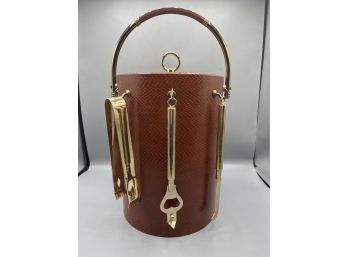Vintage Faux Leather Wrapped Ice Bucket With Bar Accessories