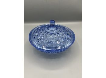 Cut Blue Glass Candy Bowl With Lid