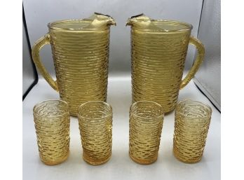 Amber Glass Pitcher / Cup Set - 6 Pieces Total