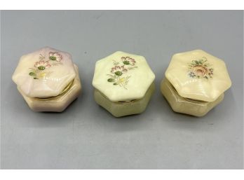 Vintage Floral Pattern Alabaster Trinket Boxes - 3 Total