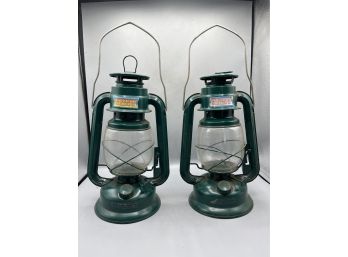 Green Metal Glass Dome Oil Lanterns - 2 Total