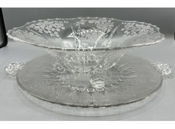 Cut Glass Floral Pattern Plate And Bowl Set