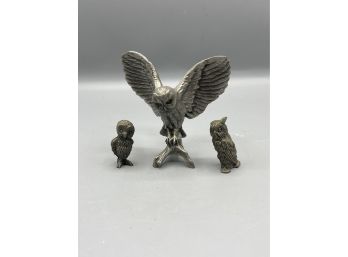 Pewter Owl Figurines - 3 Total