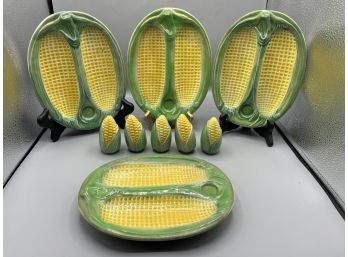Corn On The Cob Ceramic Plates With Set Of Salt And Pepper Shakers - 9 Pieces Total