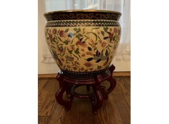 Asian Inspired Floral Pattern Ceramic Planter With Wooden Plant Stand
