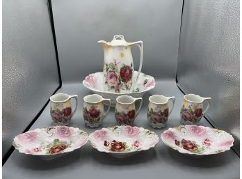 Hand Painted Floral Pattern Porcelain Pitcher / Creamer Set - 10 Pieces Total - Made In Germany