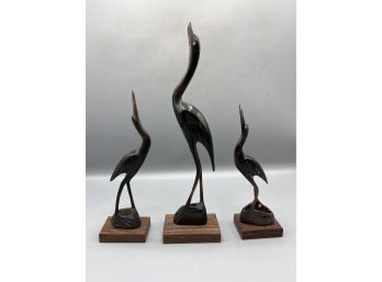 Hand Carved Polished Wooden Crane Figurines - 3 Total - Made In India