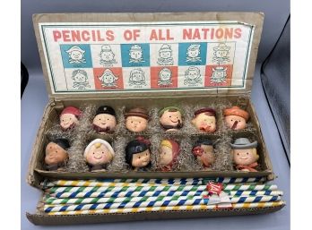 Rare Vintage 1960s Ceramic Childrens Doll Head Toppers - Pencil Of All Nations - Box Included