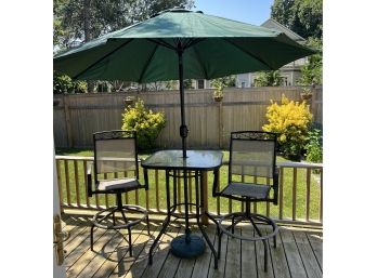 Outdoor Tempered Glass-top Table With Two Swivel Mesh Back Chairs And Umbrella With Stand