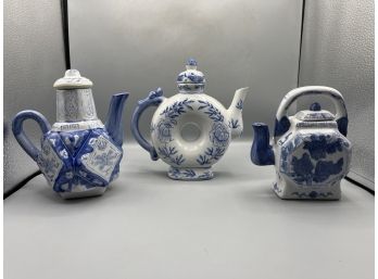 Decorative Hand Painted Asian Inspired Ceramic Teapots - 3 Total